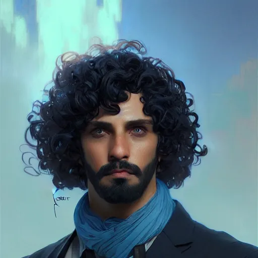 Image similar to ,Crystal blue eyes arab man with black hair curly,serious face, by WLOP,Artgerm,Greg Rutkowski,Alphonse Mucha, Beautiful dynamic,shadows,Artstation,concept design art,Octane render,8K