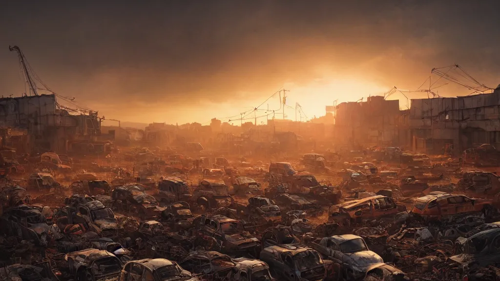 Image similar to a Photorealistic hyperrealistic render of a Junkyard full of weathered and well worn down discarded Robots by PIXAR,Greg Rutkowski,WLOP,Artgerm,dramatic moody sunset lighting,long shadows,Volumetric, cinematic atmosphere, Octane Render,Artstation,8k