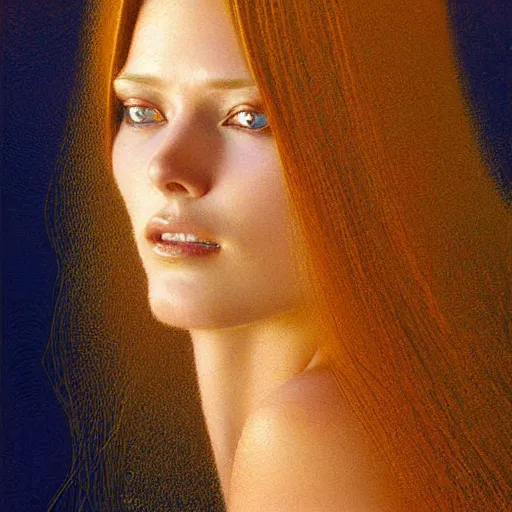 Image similar to Facial portrait of a cute shy woman, looking away from the camera, seductive smile, sparkle in eyes, lips slightly parted, long flowing hair, no hands visible, intricate, extremely detailed painting by Jean Delville and by Greg Rutkowski and by Moebius, golden hour