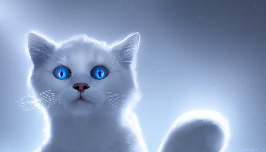 Image similar to shiny white cat with blue electric eyes, snow, light, shadow, volumetric light, hyperdetailed, artstation, cgsociety, 8 k