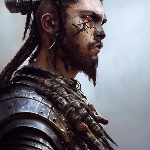 Image similar to Portrait of a man by Greg Rutkowski, a young, strong and hard-eyed warrior with brown hair with dreadlocks, wearing a futuristic tactical gear that looks like a mix between the samurai, viking and templar aesthetics, mix between tribal and hi-tech, highly detailed portrait, scifi, MMORPG, digital painting, artstation, concept art, smooth, sharp foccus ilustration, Artstation HQ