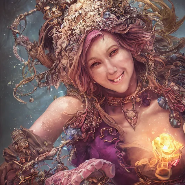 Prompt: the portrait of chaotic good female smiling druid alchemist as absurdly beautiful, gorgeous, elegant, young gravure idol, an ultrafine hyperdetailed illustration by kim jung gi, irakli nadar, intricate linework, sharp focus, bright colors, octopath traveler, final fantasy, unreal engine 5 highly rendered, global illumination, radiant light, detailed and intricate environment