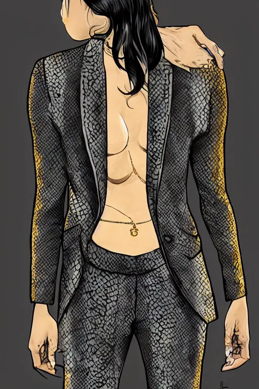 Image similar to yakuza slim girl, gold suit jacket in snake print, jacket over bare torso, yakuza tattoo on body, black short curtain haircut, black leather pants with black belt, elegant, 2d, ultra highly detailed, digital painting, smooth, sharp focus, artstation, art by Ilya Kuvshinov