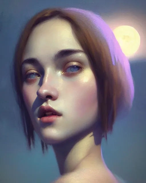 Image similar to young woman with short hair, beautiful girl, close up portrait, moonlight, highkey, realistic, serov, surikov, vasnetsov, repin, kramskoi, paint texture, uplight, insanely detailed, charlie bowater, tom bagshaw, octane rendered, unreal engine, illustration, trending on artstation, masterpiece