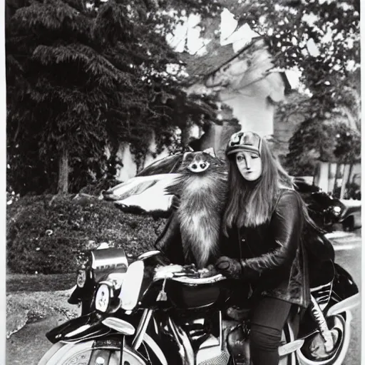 Image similar to a photo by ansel adams of a slender beautiful woman with straight ginger hair and bangs, wearing purple leathers and gold helmet, posing with large ginger tabby and raccoon on a motorcycle in her front yard, holding coffee mug and toasted brioche bun, 8 5 mm lens