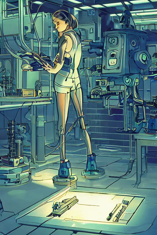 Prompt: full body closeup of pretty girl working in a small robot repair shop, broken android laying on the ground, chrome reflections, illustration by moebius , dynamic lighting, glowing lights, neons, science fiction