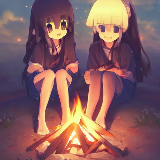 Prompt: very beautiful cute girls sitting around campfire at night, fantastic details, anime art, trending on artstation, pixiv, makoto shinkai, manga cover