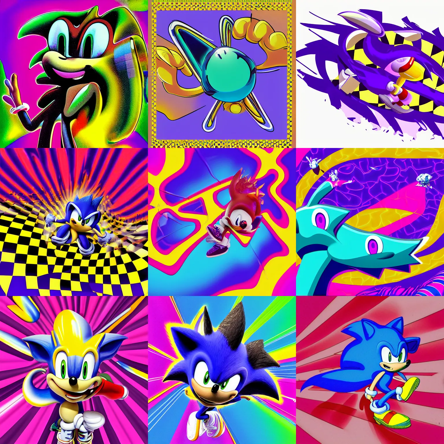Prompt: surreal, faded, totally radical drop shadow detailed professional, high quality airbrush art MGMT album cover of a liquid dissolving LSD DMT sonic the hedgehog on a flat purple checkerboard plane, 1990s 1992 prerendered graphics raytraced phong shaded album cover, in the style of John Kricfalusi
