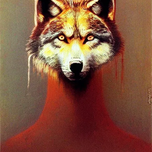 Prompt: portrait painting of wolf (((girl))) by Beksinski