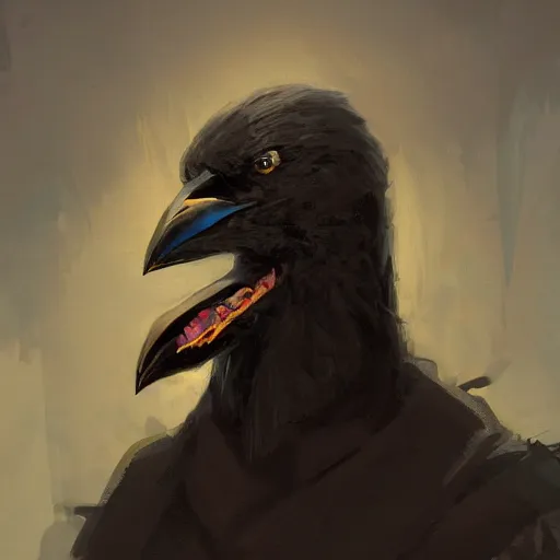 Image similar to digital art painting of an anthropomorphic!!! black crow!!! wearing wizard robes!!!, dnd portrait painted by craig mullins and gaston bussiere and greg rutkowski