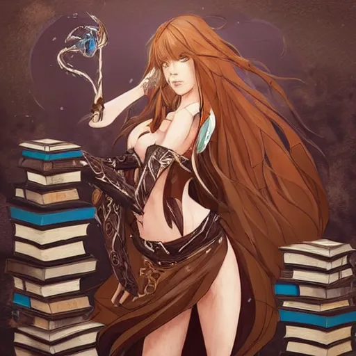 Image similar to “A detailed gorgeous beautiful anime womanwith brown flowing hair, sorcerer , decorative leather armor, great proportions, excellent detail, surrounded by a catacomb of books, high quality, Full-body character portrait, in the style of rossdraws, trending on artstation”