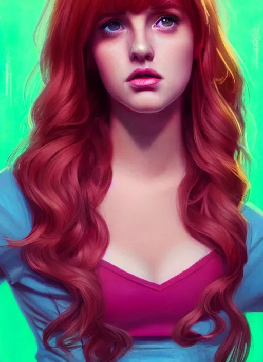 Prompt: full body portrait of teenage cheryl blossom, bangs, green eyes, sultry expression, red hair, sultry smirk, bangs and wavy hair, pink shirt, intricate, elegant, glowing lights, highly detailed, digital painting, artstation, concept art, smooth, sharp focus, illustration, art by wlop, mars ravelo and greg rutkowski