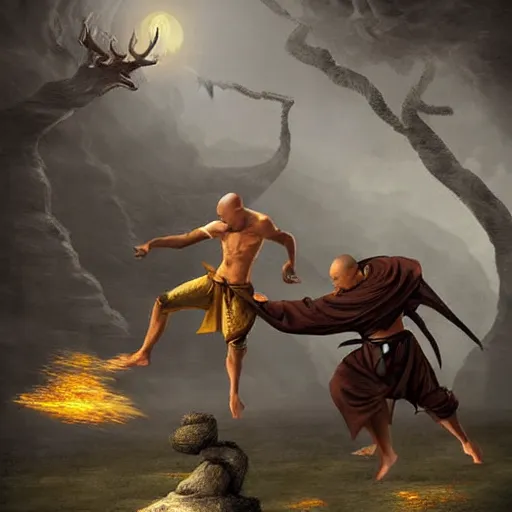 Image similar to a fantasy matte painting of a dnd monk fighting a creature, detailed, realism dnd,