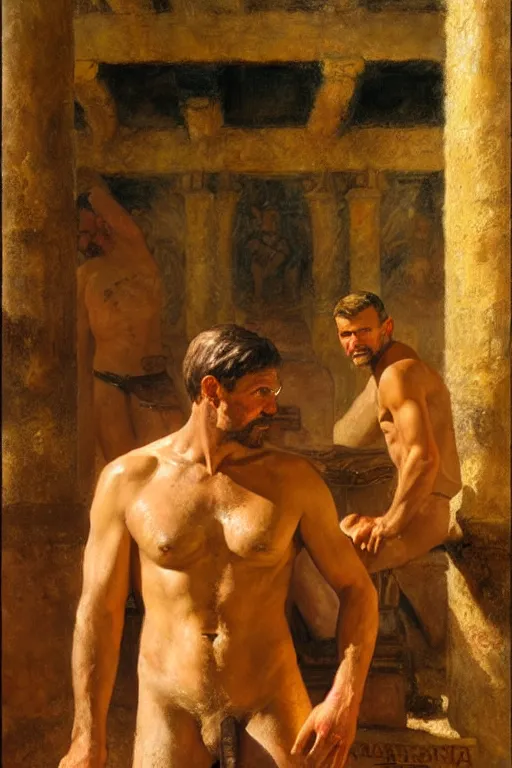 Image similar to indiana jones at a roman bathhouse, painting by, tom of finland, gaston bussiere, craig mullins, j. c. leyendecker