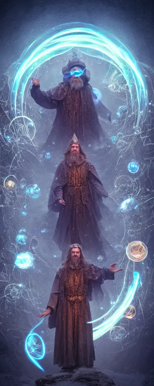 Prompt: Portrait of a powerful wizard surrounded by a circular array of glowing elemental magic orbs, the wizard is standing in front a scenic landscape of snowcapped mountains, intricate details, photo realistic, award winning, dramatic lighting, intricate details, award winning, depth of field, UHD 8K