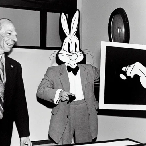 Image similar to bugs bunny as lee harvey oswald getting a mugshot taken