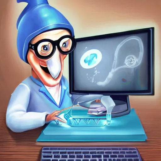 Prompt: An anthropomorphic grey dolphin dressed as a chemist playing games on a computer, digital painting
