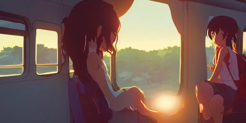 Image similar to Girl sitting in a window seat in a bus at sunset, cinematic lighting, style by Makoto Shinkai