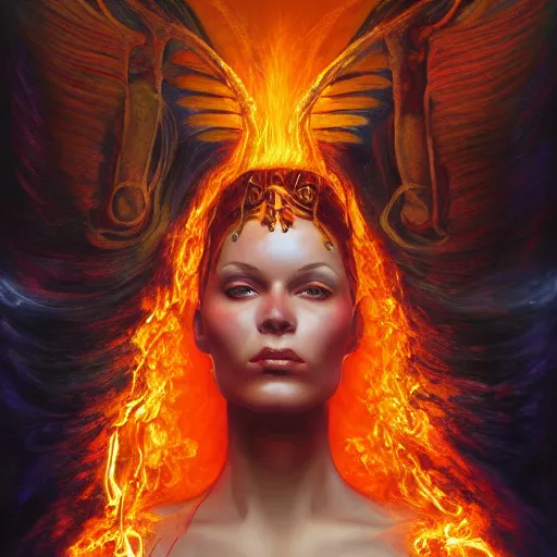 Prompt: A stunning portrait of a goddess with a body of flames by Jim Burns, fantasy, Trending on artstation.