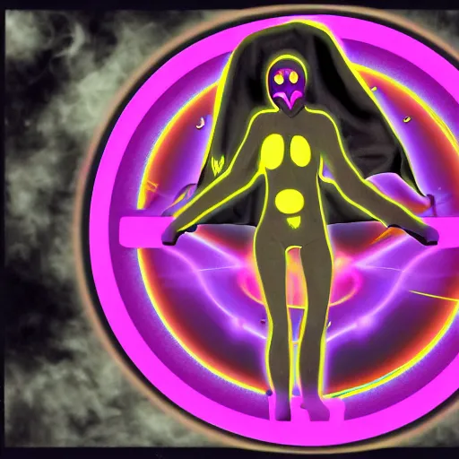 Prompt: dark cloaked figure wearing a gasmask holding a young woman in neone pink body suit with a glowing upside down neon pink cross on her head, in front of a spiral pentagonal fractal