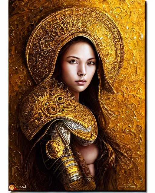 Image similar to acrylic painting portrait of woman in shining golden armor, high production value, intricate details, high resolution, hdr, high definition, masterpiece, realistic, ultrarealistic, highly detailed, hd, sharp focus, non blurry, sharp, smooth