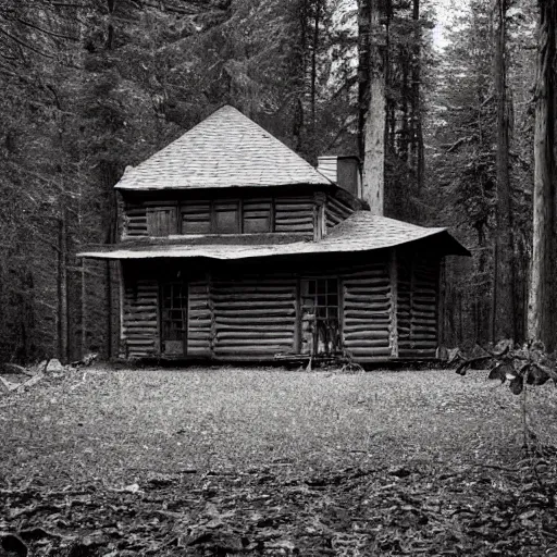 Image similar to a photo of a Eerie cabin in the middle of the woods in the style of Yohji Yamamoto