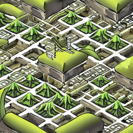 Prompt: an organic and clockwork isometric cityscape made of tree roots