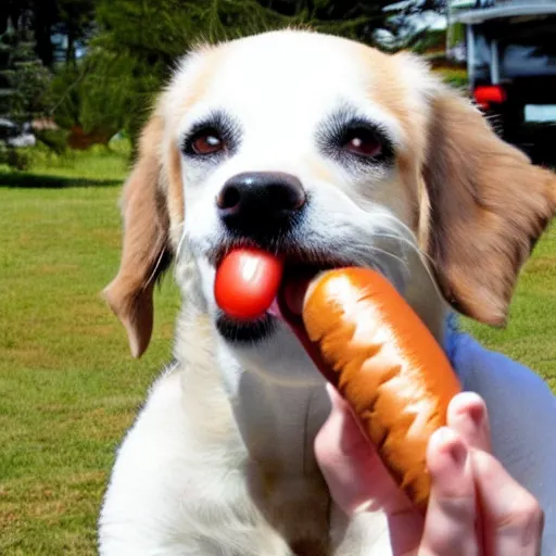 Image similar to a dog eating a hot dog, surreal