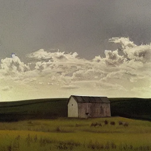 Prompt: “a soft prairie landscape with a white washed farmhouse and dilapidated barn, during august late afternoon, gentle wispy clouds, in the style of Andrew Wyeth, muted colours, f3.5”