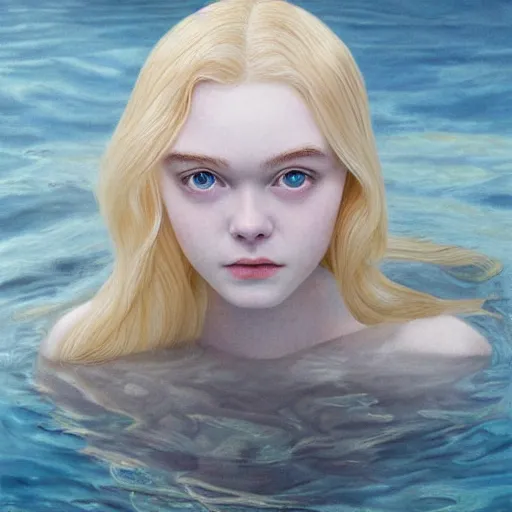 Image similar to Painting of Elle Fanning underwater, long blonde hair, delicate, pale milky white porcelain skin, by Oda Sonderland. 8K. Extremely detailed.