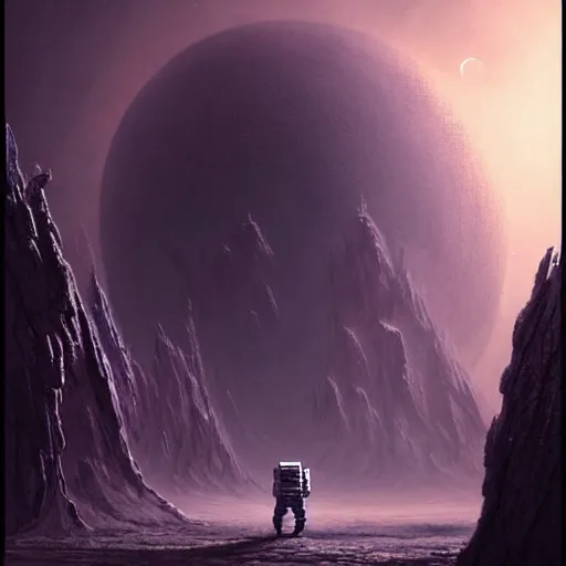 Prompt: astronaut exploring a strange surface of another planet, astronat sees signs of ancient civilization, ultra high definition, ultra detailed, symmetry, sci - fi, dark fantasy, in style of heavy metal comic, dark and horror style, metal by greg rutkowski and wayne barlowe