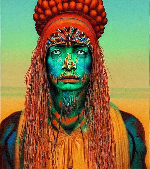 Image similar to Portrait painting in a style of Beksinski mixed with Alex Grey of an old shaman dressed in a colorful traditional clothes. Symmetry