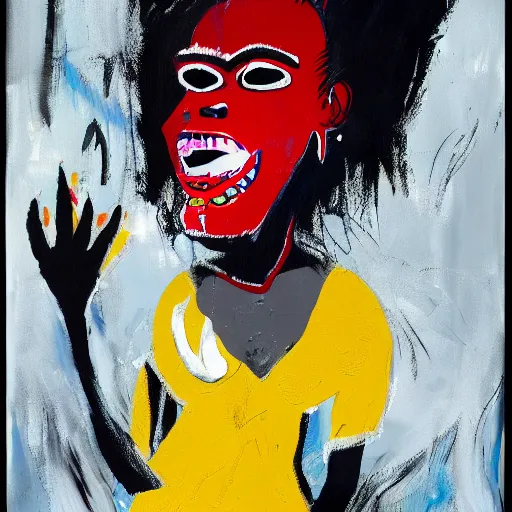 Image similar to A pretty attractive black woman with devil horns wearing a silver mini dress standing on the ocean, ,full body, pitchfork, creative background, abstract jean-Michel Basquiat oil painting with thick paint strokes, oil on canvas, intricately!!! detailed!!!