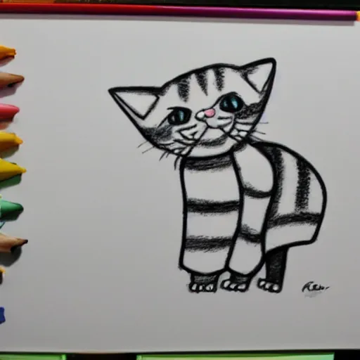 Prompt: a crayon child drawing of a cat dancing