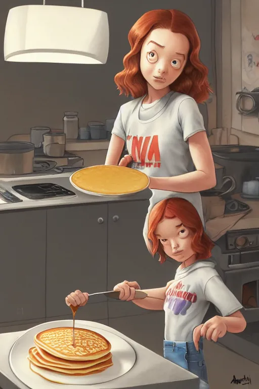 Prompt: millie brown making pancakes, animation pixar style, by pendleton ward, magali villeneuve, artgerm, rob rey and kentaro miura style, golden ratio, trending on art station