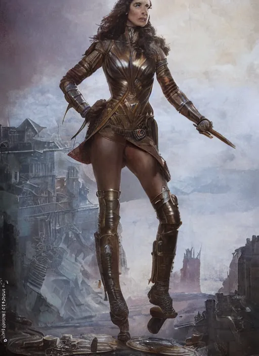 Image similar to highly detailed steampunk gal gadot standing, steel age : leonardo da vinci, greg rutkowski, magali villeneuve