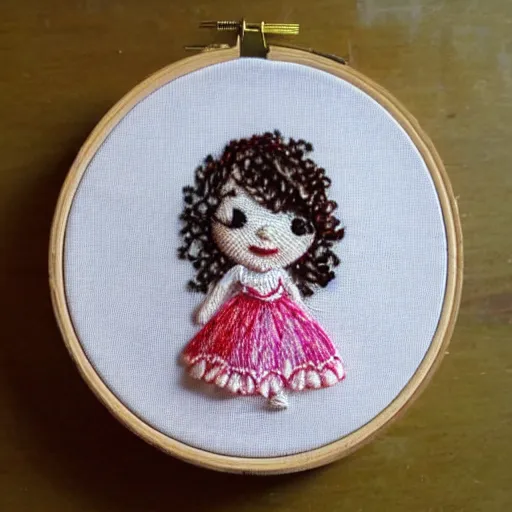 Image similar to a tiny beautiful handmade embroidery of a little girl with brown curly hair. hand embroidery.