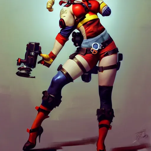 Image similar to Greg Manchess portrait painting of Harley Quinn as Overwatch character, medium shot, asymmetrical, profile picture, Organic Painting, sunny day, Matte Painting, bold shapes, hard edges, street art, trending on artstation, by Huang Guangjian and Gil Elvgren and Sachin Teng