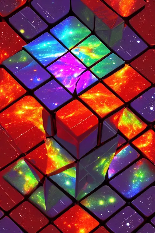 Image similar to four dimensional cosmic rubik's cube hypercube tesseract with wormholes, energy and galaxies around it. epic, dramatic, cinematic, digital art, octane render, blender, 8 k, hyperrealistic, trending on artstation