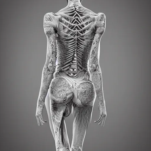 Image similar to concept of a detailed and intricate design of the back of full female anatomy wrapped in bone texture, 3d design, great finesse organic hyper detailed, engineering blueprints, stained paper, hyperrealistic, ultra detailed, 4K, octane render, unreal engine