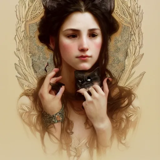 Prompt: portrait of a psych girl with her mad cat, intricate, elegant, highly detailed, digital painting, artstation, concept art, smooth, sharp focus, illustration, art by artgerm and greg rutkowski and alphonse mucha and william - adolphe bouguereau