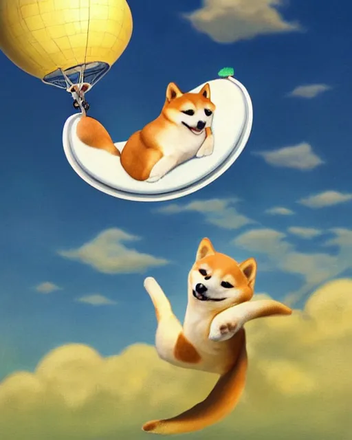 Image similar to shiba inu flies up with a frisbee ， painting photoshop by mark ryden and pixar and hayao miyazaki, 8 k