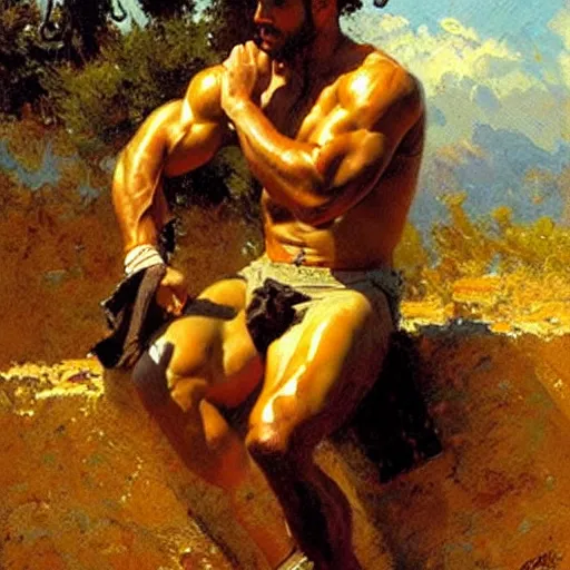 Image similar to Portrait of a greek soldier, muscular, thighs!!!!, painting by Gaston Bussiere, Craig Mullins