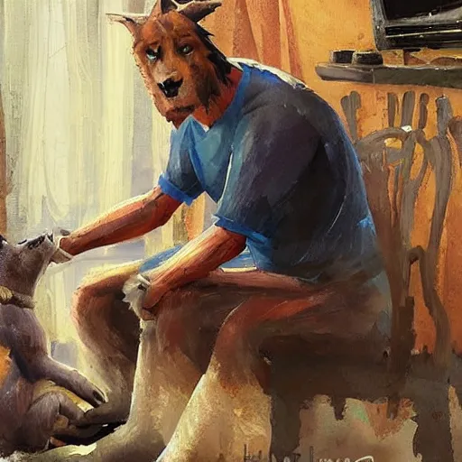 Image similar to a humanoid german shepherd beast - man, sitting and watching a soccer match in his house on television, he has hurt his knee and is a dad, by erin hanson, alexi zaitsev, karl spitzweg, award winning, tv set