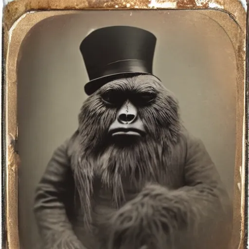 Prompt: a vintage wet plate portrait of a dignified bigfoot with a top hat and cane, extremely detailed, by angus mcbeanbigfoot!!!!!!!!!!!!!!!!!!