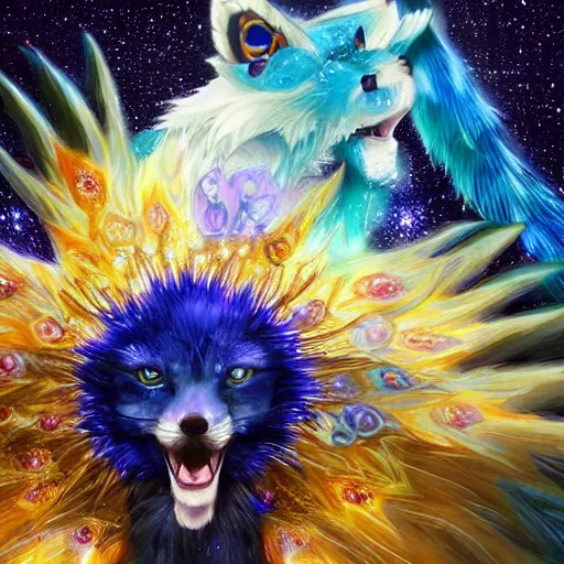 Prompt: portrait from an anime of a colorful blue starry fox peacock character with giant golden demonic fangs, wearing star filled mage robes, sitting in an illuminated observatory at night, art by yuji ikehata, realism, detailed, proper human proportions, fully clothed
