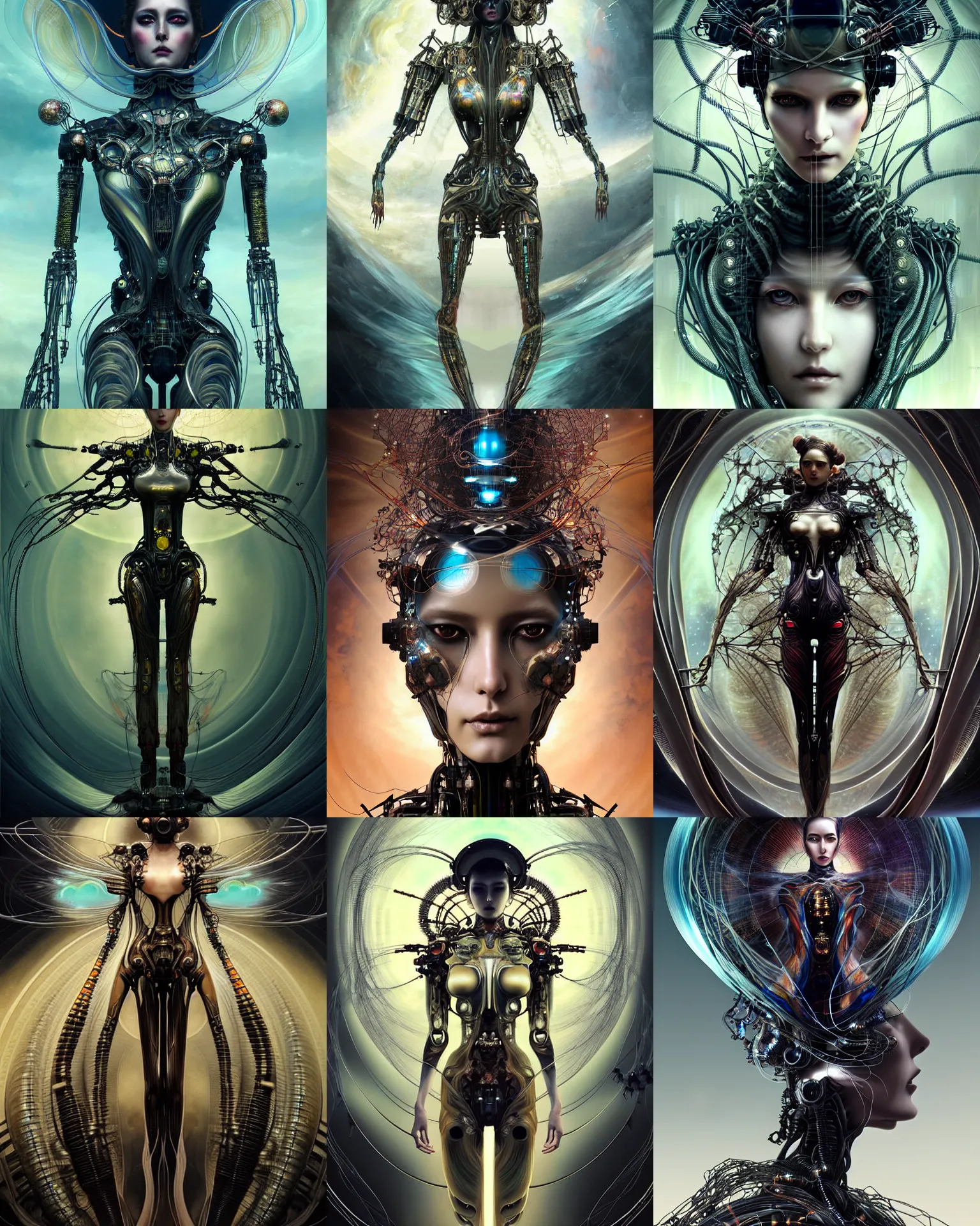 Prompt: karol bak and tom bagshaw and ayami kojima symmetrical full body character portrait of the borg queen of sentient parasitic flowing ai, floating in a powerful zen state, supermodel, beautiful and ominous, wearing combination of mecha and bodysuit made of wires and fractal ceramic, machinery enveloping nature in the background, artstation scifi character digital concept render