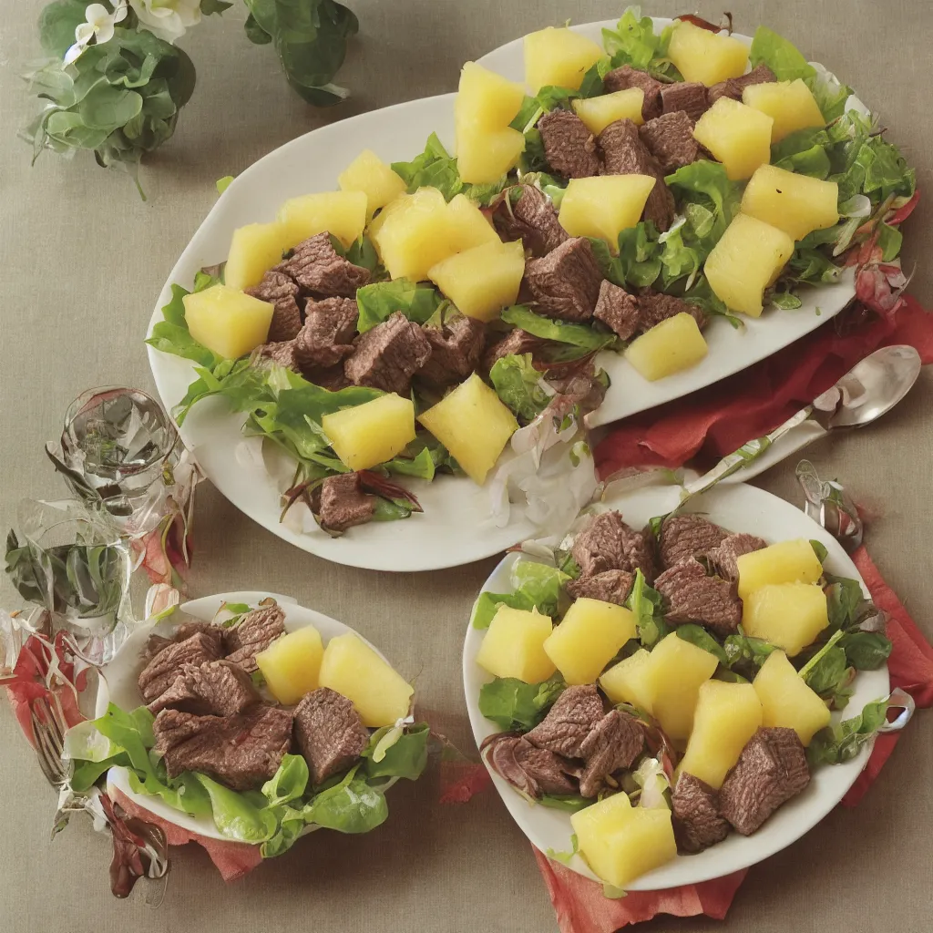 Prompt: a dreamy photo of {{beef}} salad and pineapple jelly, 1985