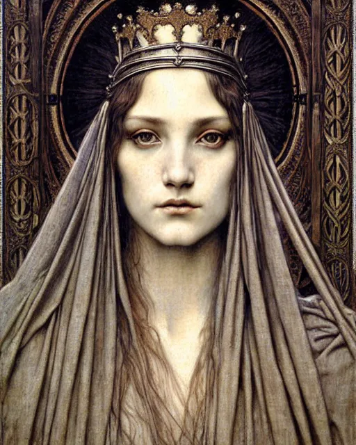 Image similar to detailed realistic beautiful young medieval queen face portrait by jean delville, gustave dore and marco mazzoni, art nouveau, symbolist, visionary, gothic, pre - raphaelite. horizontal symmetry