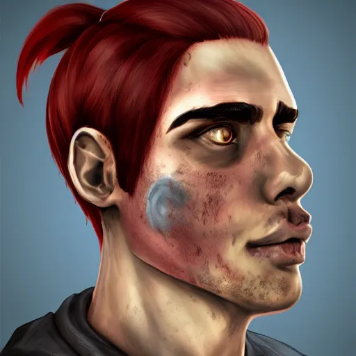 Prompt: portrait, 30 years old man :: red hair ponytail :: burned face, grimy :: high detail, digital art, RPG, concept art, illustration